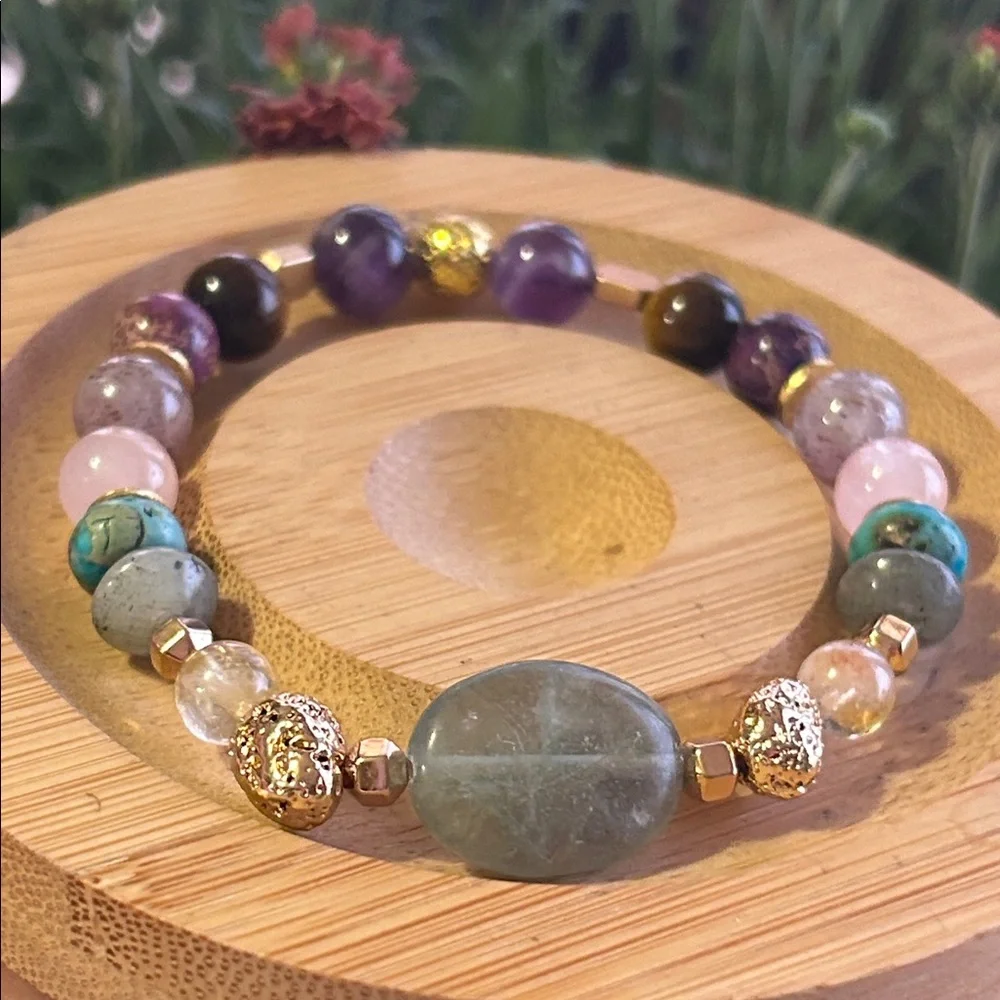 Handmade Fluorite + Rose Quartz + Amethyst Bracelet with Gold Accents